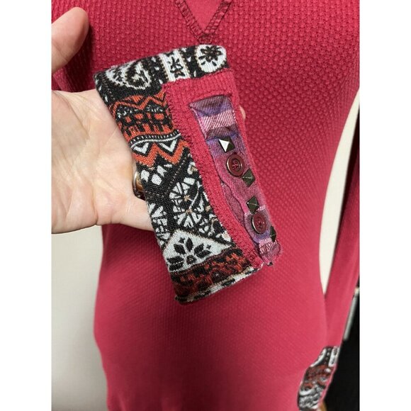We The Free By Free People Red Thermal Top With Embroidered Sleeves Small - Picture 2 of 7